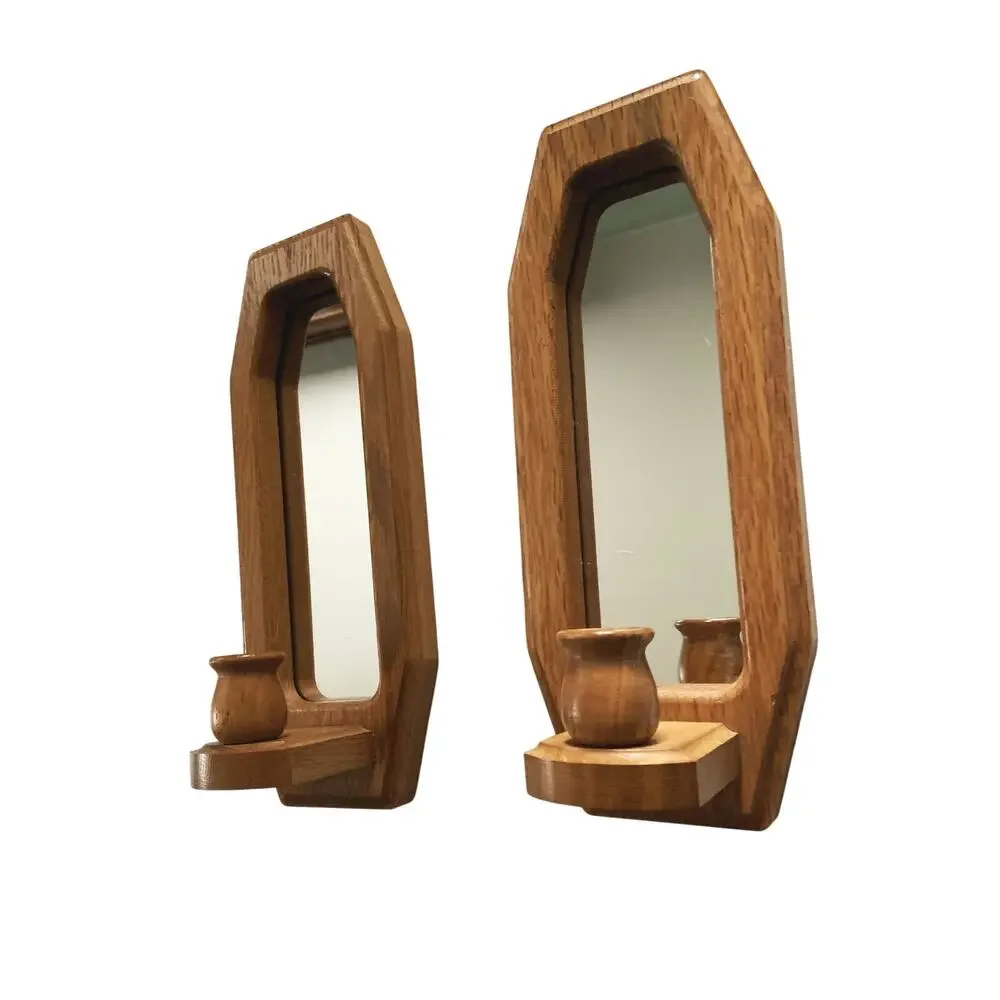 Vintage 70s 80s Pair of Wooden Mirrored Wall Sconces Candle Holders Wall Decor